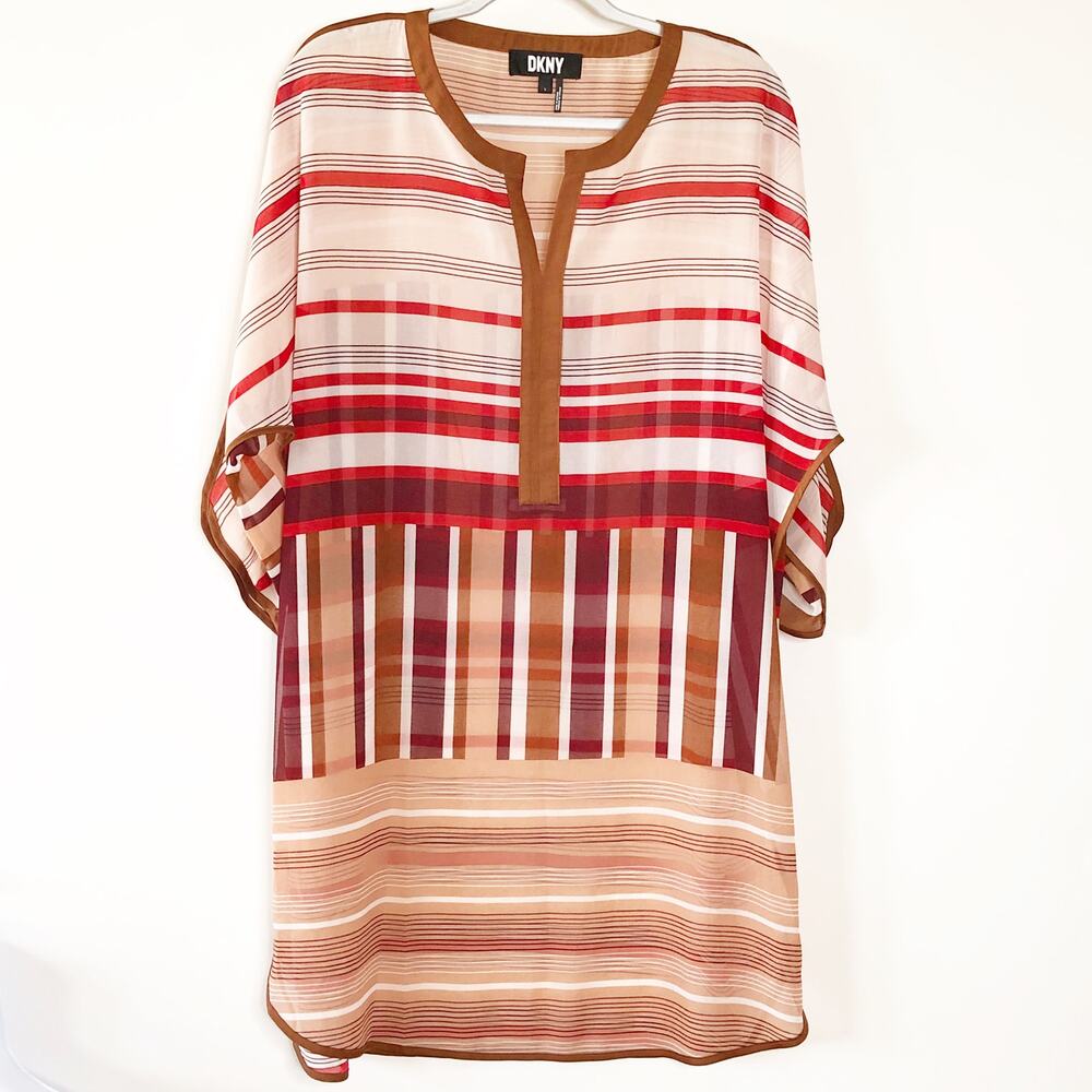 DKNY Sheer Tunic Large Kimono Sleeve V Neck Stripe Swim Cover